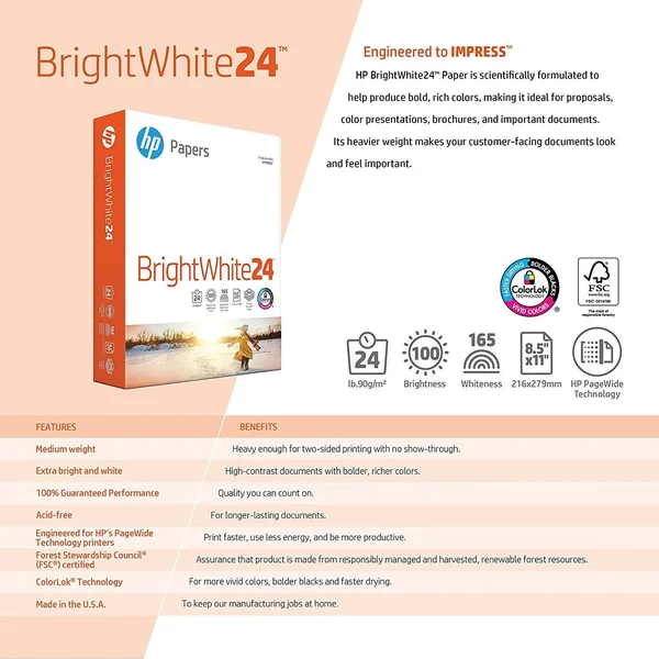 HP Printer Paper - BrightWhite24, 8.5 x 11, Letter, 24lb, 97 Bright, 2, 500 Sheets