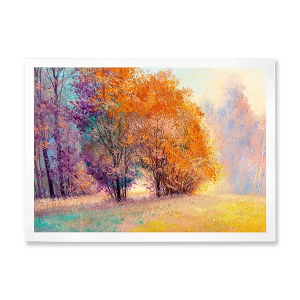 Designart 'Autumn Forest Orange Leaves Original Landscape' Lake House Framed Art Print - 20 in. Wide x 12 in. High - Black