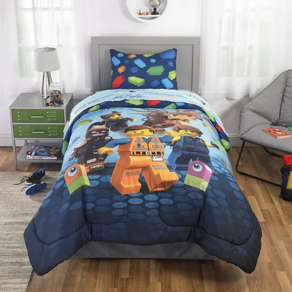 The Lego Movie 2 Kids Bedding, 2pc Comforter and Sham Set, Twin/Full, Lets Build Together, Blue