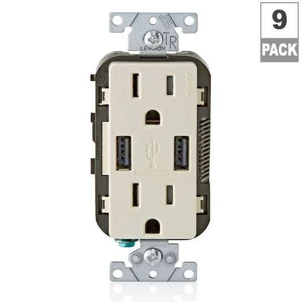 Leviton 15 Amp Decora Combination Tamper Resistant Duplex Outlet and USB Charger, Light Almond (9-Pack)