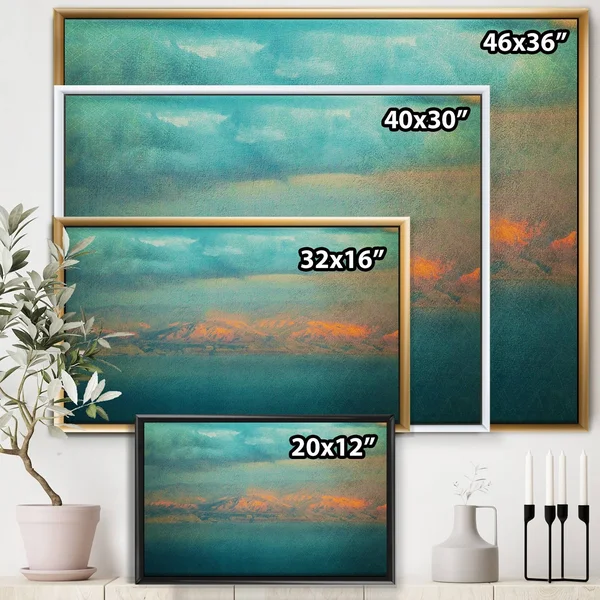 Designart &Glowing Mountains Over Sea Textured Vintage Image& Modern & Contemporary Framed Canvas Wall Art Print - 32 in. Wi