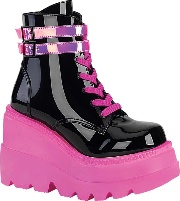 SHAKER-52 - 4 1/2x22 Wedge Platform Lace-Up Ankle Boot Black Pat-UV Neon Pink, Size 5