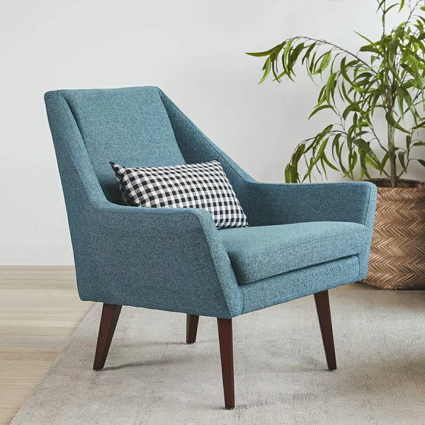 Blue Tweed Fabric Armchair - Solid Wood Legs, Article Angle Modern Furniture