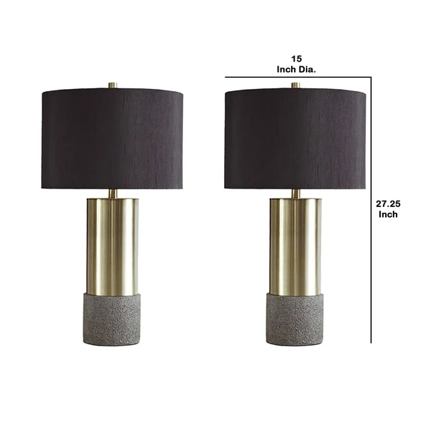 Benjara Bm230945 Faux Concrete and Metal Base Table Lamp, Set of 2, Brass and Gray