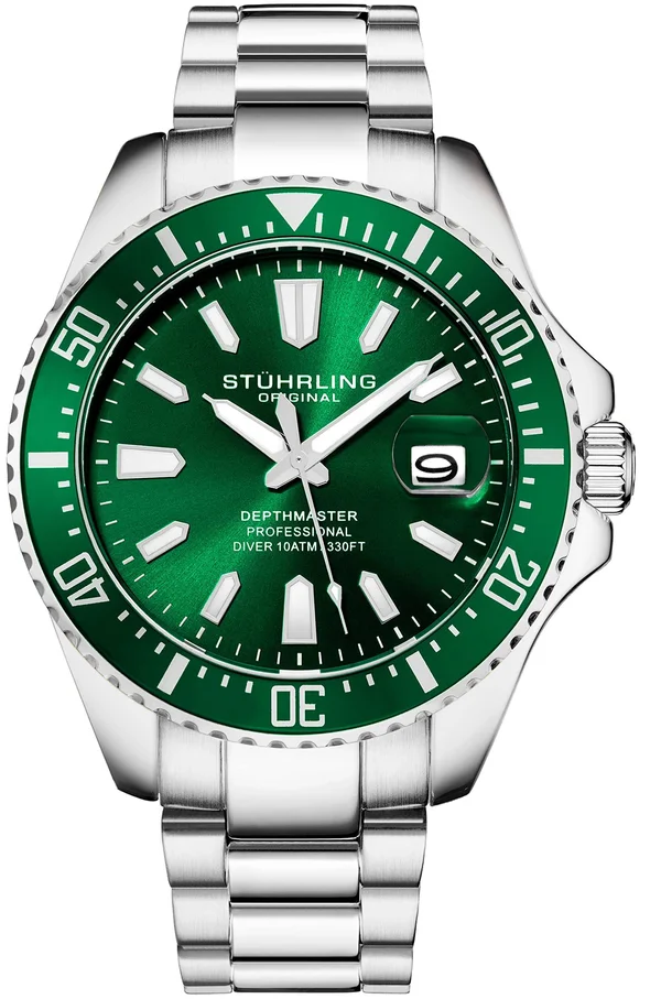 Stuhrling 3950A 3 Aquadiver Date Stainless Steel Green Dial Mens Watch