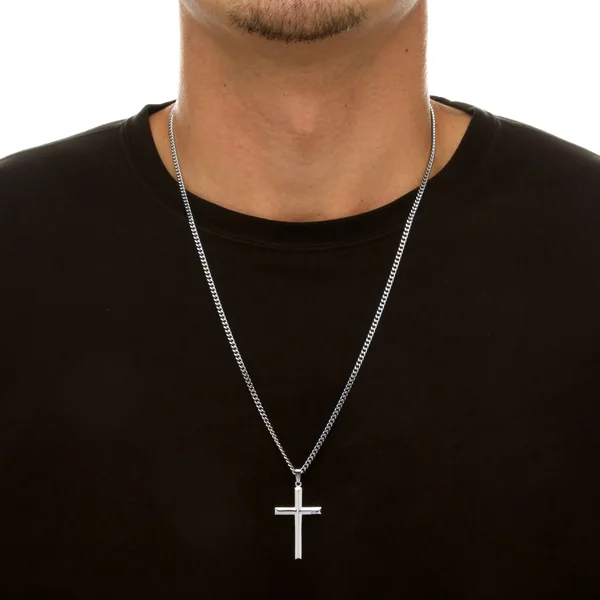 PalmBeach Jewelry Cross Pendant in Sterling Silver with Stainless Steel Chain 24x22