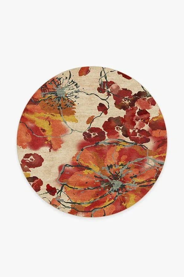 6& Round - Machine Washable Round Area Rug, Kid & Pet Friendly, Indoor Round Area Rug, Watercolor Floral Coral Rug, Rugg