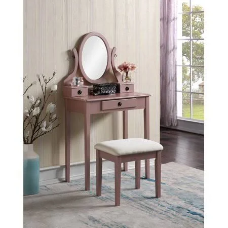 Roundhill Moniya Wood Makeup Vanity Table and Stool Set - Rose Gold, 32.7 x 20.7 x 12.4 inches