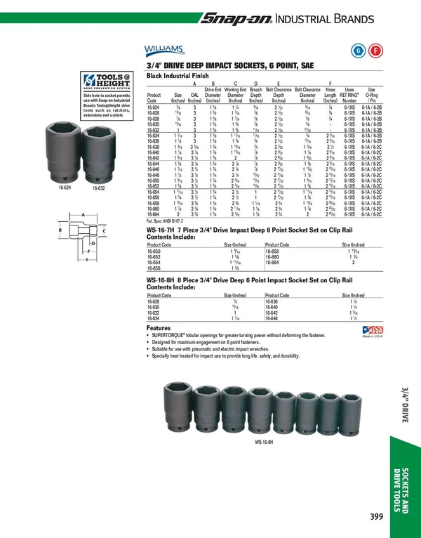 Williams WS-16-8H 8-Piece 3/4-Inch Drive Deep 6 Point Impact Socket Set