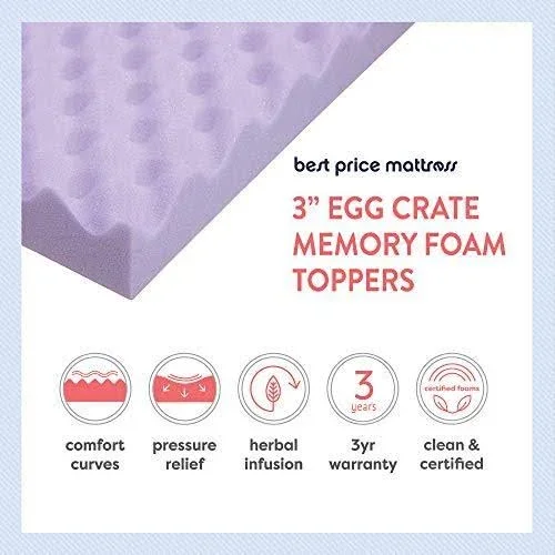 Best Price Mattress Twin XL 3 inch Egg Crate Memory Foam Bed Topper with Lavender Cooling Mattress Pad