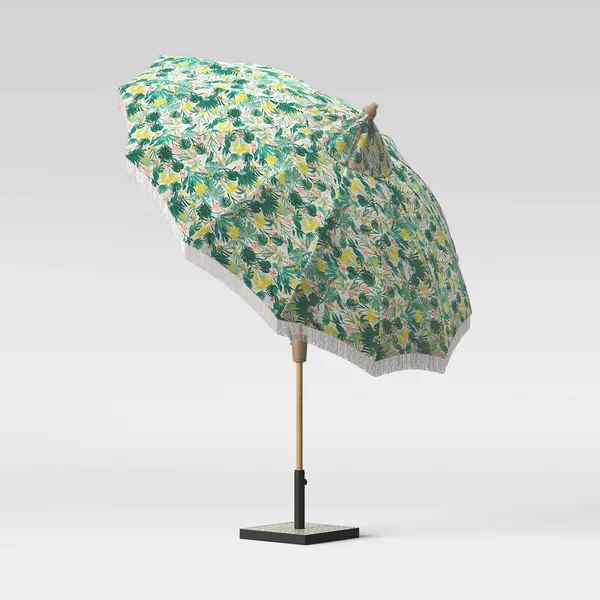 9' Carousel Shape Patio Umbrella DuraSeason Fabric Opal Tropical with Fringe White - Light Wood Pole - Opalhouse