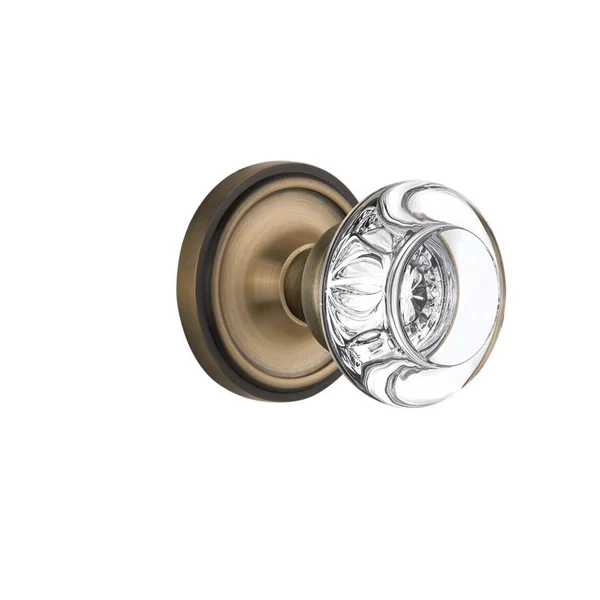 Nostalgic Warehouse 712200 Classic Rosette Passage Round Clear Crystal Glass Door Knob, Antique Brass