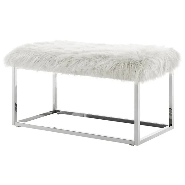 Posh Living Joseph White Faux Fur Bench - Chrome Frame - Ottoman