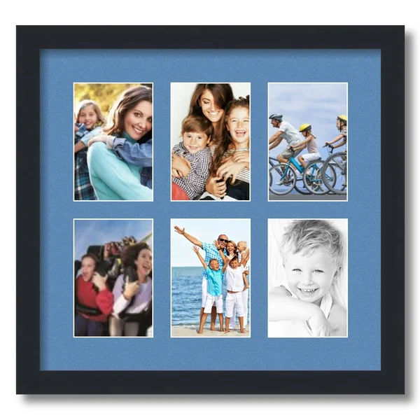 Collage Picture Frame, Satin Black Frame with 6 openings for 4x6 Photos with Liberty Blue Mat. D3926FG1170, ArtToFrames