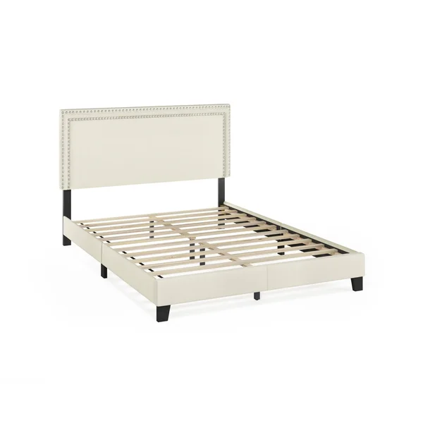 Furinno Laval Double Row Nail Head 12pc Slat Style Bed Frame - Queen, Linen