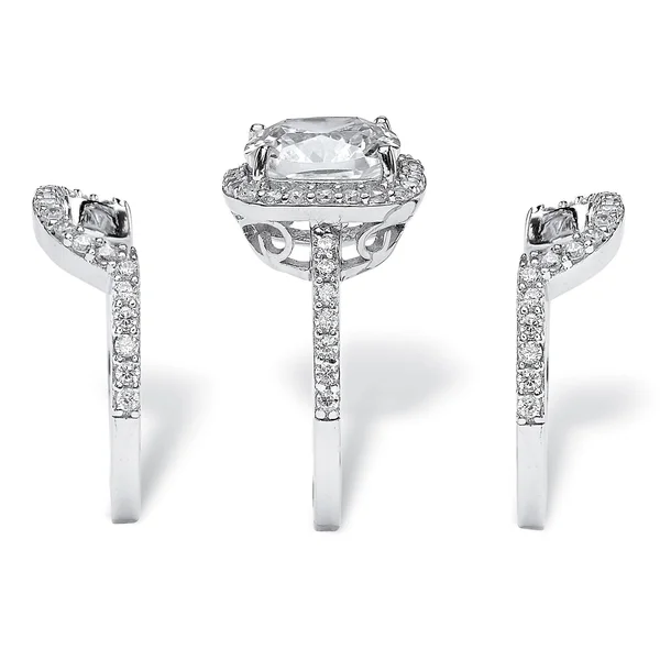 PalmBeach Jewelry 4.26 TCW Cushion Cubic Zirconia Three-Piece Halo Bridal Ring Set in Platinum Over Sterling Silver