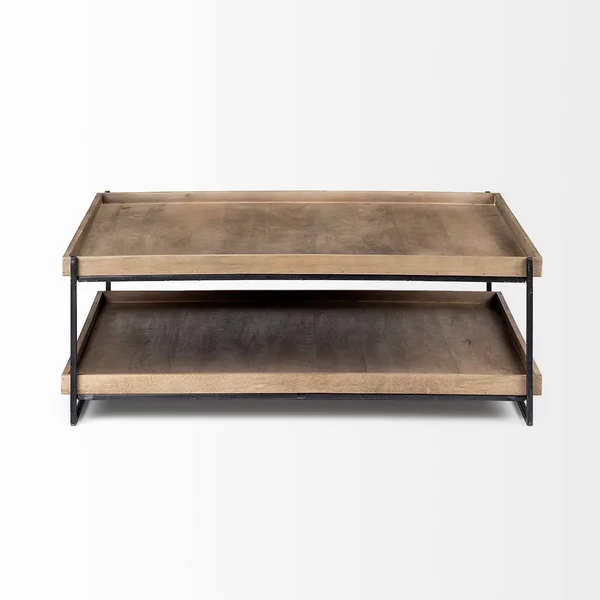 HomeRoots Rectangular Solid Wood Top Table and Black Metal Frame Two Tier Coffee Table (376289)