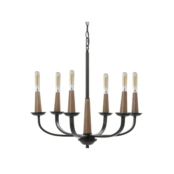 Decor Therapy Rotterdam 6-Light Black Metal and Wood Effect Pendant, 23.82 x 23.82 x 21.57 in