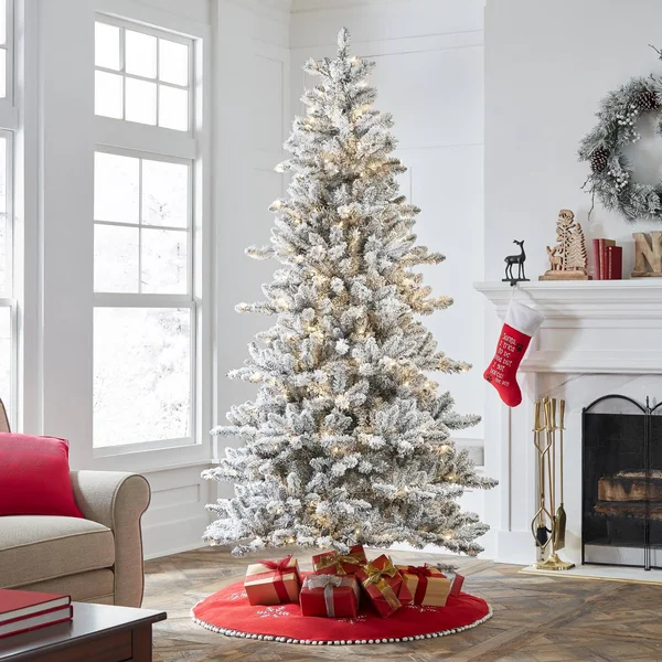 Holiday Time Green Pre-Lit Flocked Birmingham Fir Artificial Christmas Tree with Warm White LED Lights - 7.5 ft