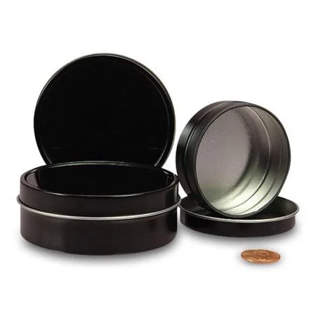 432ea - 3 oz Black Shallow Round Tin Can by Paper Mart