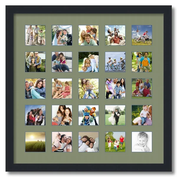 Collage Picture Frame, Satin Black Frame with 25 openings for 3x3 Photos with Green Basil Mat. D3926GK2093, ArtToFrames