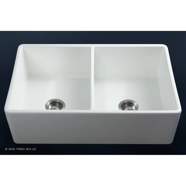 Fossil Blu Luxury 33 in. Ultra Fine Fireclay Modern Farmhouse Kitchen Sink in White - Double Bowl with Flat Front, Includes Drain