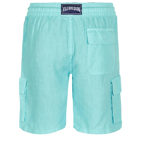 Men Linen Bermuda Shorts Cargo Pockets - Bermuda - Baie - Blue - Size XXL - Vilebrequin