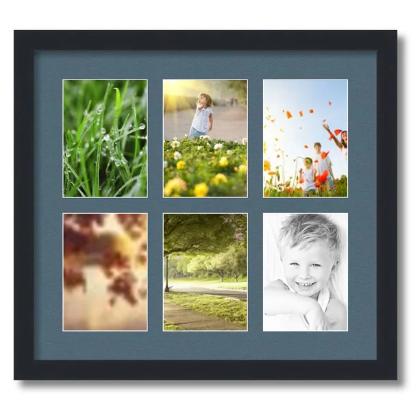 Collage Picture Frame - Satin Black Frame with 6 openings for 5x7 Photos with Dutch Blue Mat. D3926FE2041, ArtToFrames