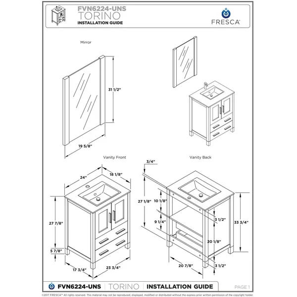 Fresca Torino Single Bathroom Vanity Set, Gray Oak, 24x22