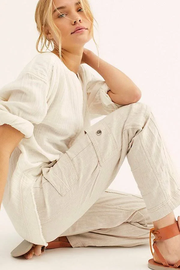 Free People Feelin& Good Utility Pull-On Pants - Ivory