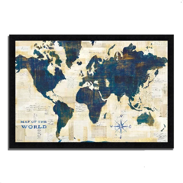 Tangletown Fine Art 27x22 x 39x22 World Map Collage by Sue Schlabach Framed Painting Print