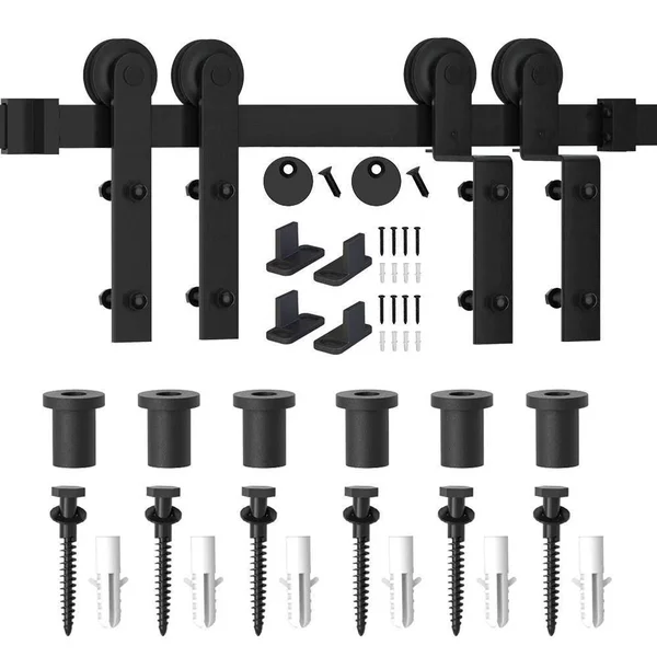 winsoon 7.5 ft./90 in. Single Track Bypass Sliding Barn Door Hardware Kit for Double Doors Low Ceiling, Frosted Black