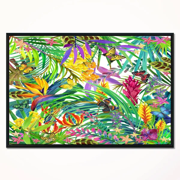 Designart &Tropical Leaves and Flowers& Floral Art Framed Canvas Print - 20 in. Wide x 12 in. High