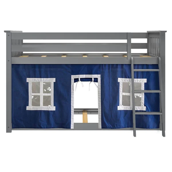 Max & Lily Twin Over Twin Low Bunk with Blue Curtains, Grey