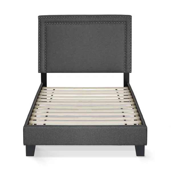 Furinno Laval Double Row Nail Head Bed Frame - 12pc Slat Style, Stone, Twin