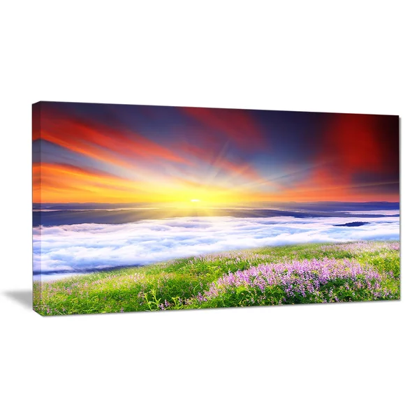 Design Art Sunrise with Blooming Flowers - Landscape Art Canvas Print - Red, 40 in. Wide x 20 in. High