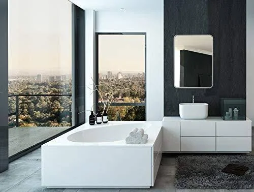 Hamilton Hills Contemporary White Metal Wall Mirror - Glass Panel White Framed Rounded Corner Deep Set Design, Mirrored Rectang