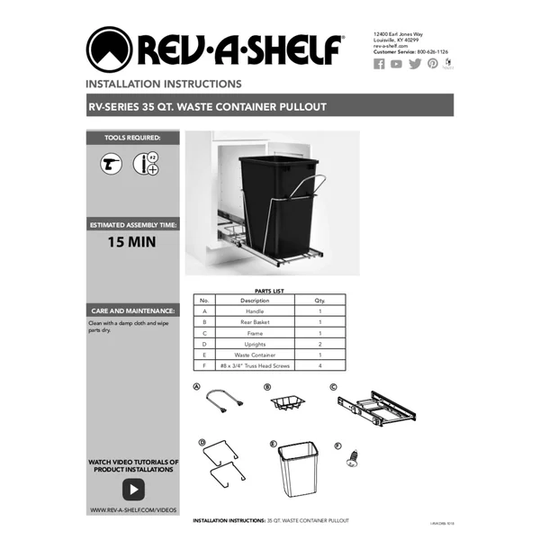 Rev-A-Shelf RV-12KD-13C-S Single 35 Quart Cabinet Pullout Waste Container - Gray