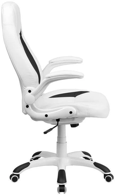 Flash Furniture CH-CX0176H06-WH-EMB-GG Embroidered High Back White Leather Executive Swivel Chair with Flip-Up Arms
