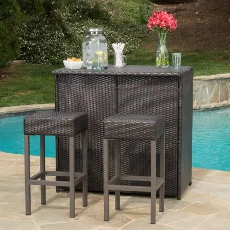 Colina Outdoor 3 Piece Wicker Bar Island Set, Multibrown, Multicolor