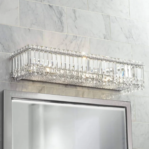 Possini Euro Design Modern Wall Light Cut Crystal Columns Chrome 30x22 Vanity Fixture for Bathroom Over Mirror