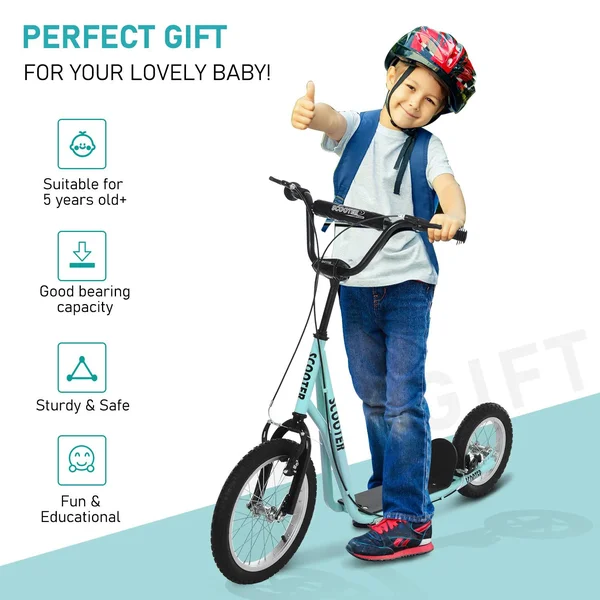 Aosom Teens Youth Scooter Ride on Toy with Adjustable Handlebar - Dual Brakes, and Inflatable Wheels for Kids 5+ - Blue