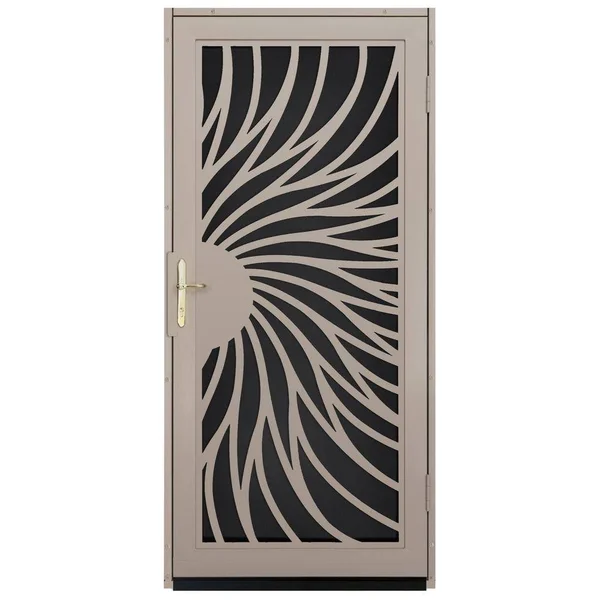 Unique Home Designs 36 in. x 80 in. Solstice Tan Surface Mount Steel Security Door with Black Perforated Screen and Brass Hardwa