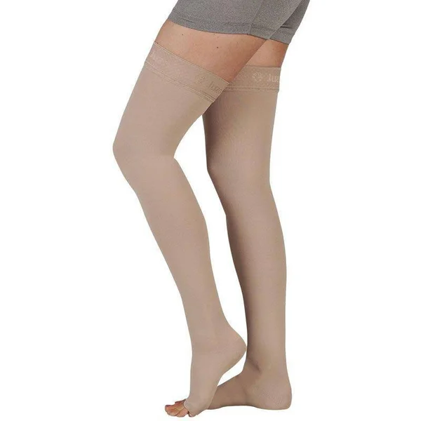 Juzo Soft 15-20 mmHg Open Toe Thigh High w/ Silicone Top Band II, Short, Beige