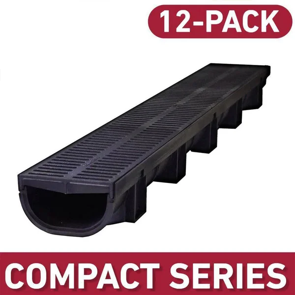 U.S. Trench Drain Compact Series 39.4 in. L x 5.4 in. W x 3.2 in. D Trench and Channel Drain Kit with Black Grates (12-Pack: 39.