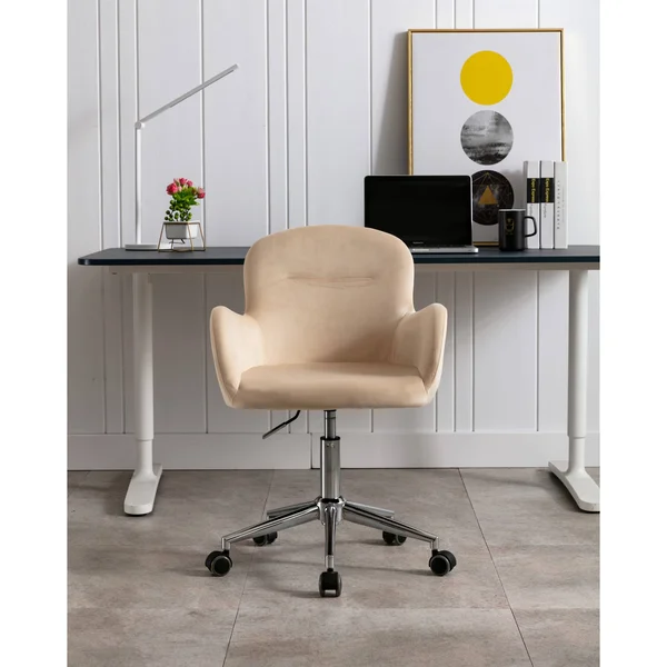 Velvet Swivel Upholstered Adjustable Height Home Office Chair - Beige