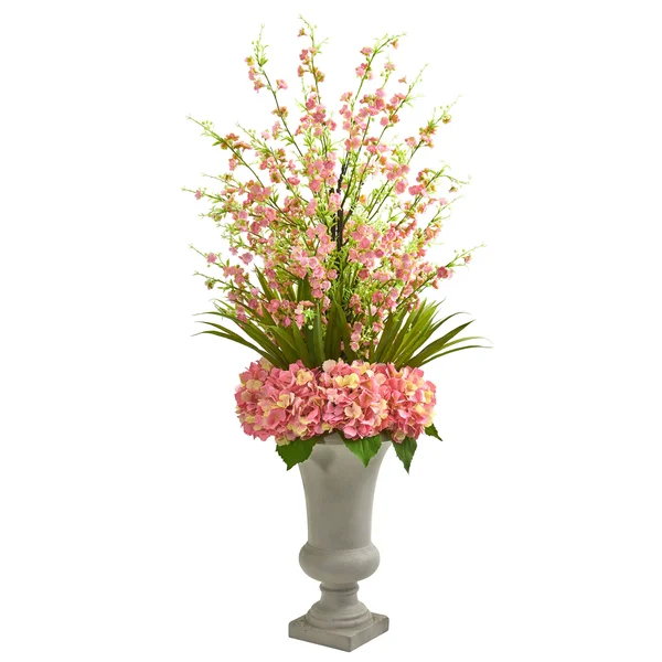 Nearly Natural Cherry Blossom & Hydrangeas Artificial Arrangement in Urn White