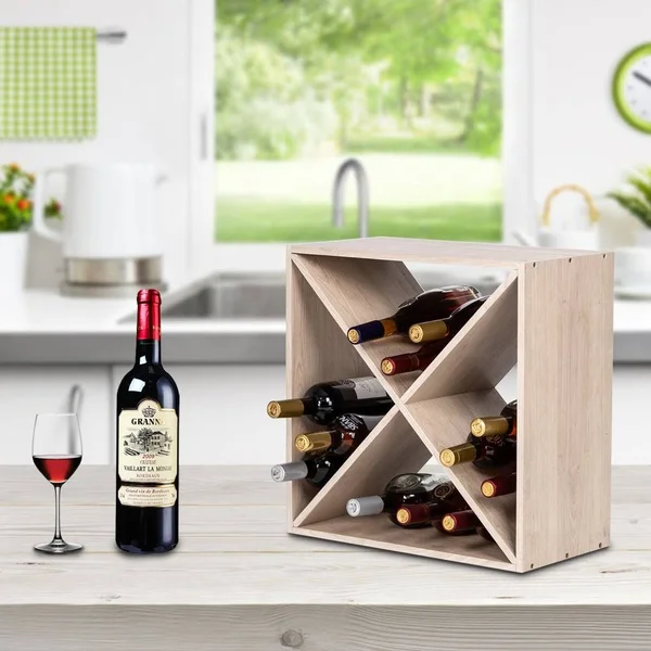 4 Cube Wine Rack Holds 12-16 Bottles, Classic Style Wine Racks - Wood Color