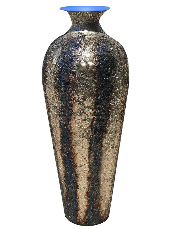 DecorShore Fired Gold Vase with Striped Crackled Glass Mosaic -Artisan Metal Accent Vase with Sparkling Metallic Glass Flake Ove