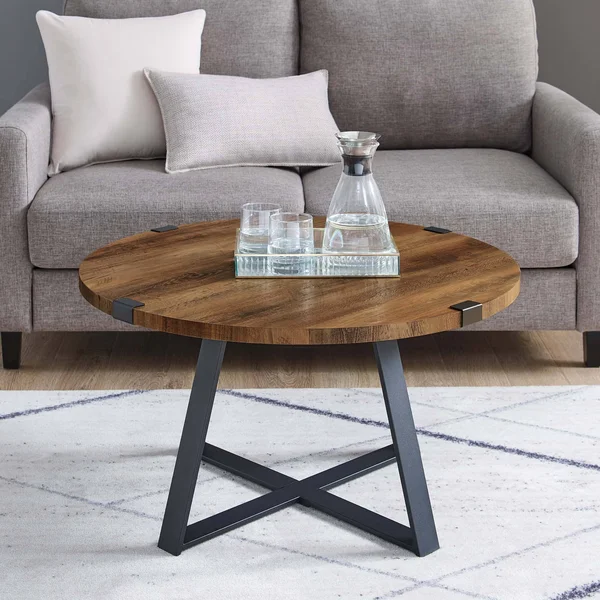 Walker Edison 30x22 Metal Wrap Round Coffee Table - Rustic Oak/Black